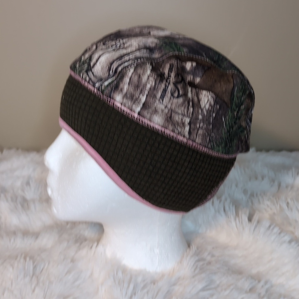 REAL TREE Hunt worth Camouflage Pink Trim Beanie Hat w Ponytail Hole